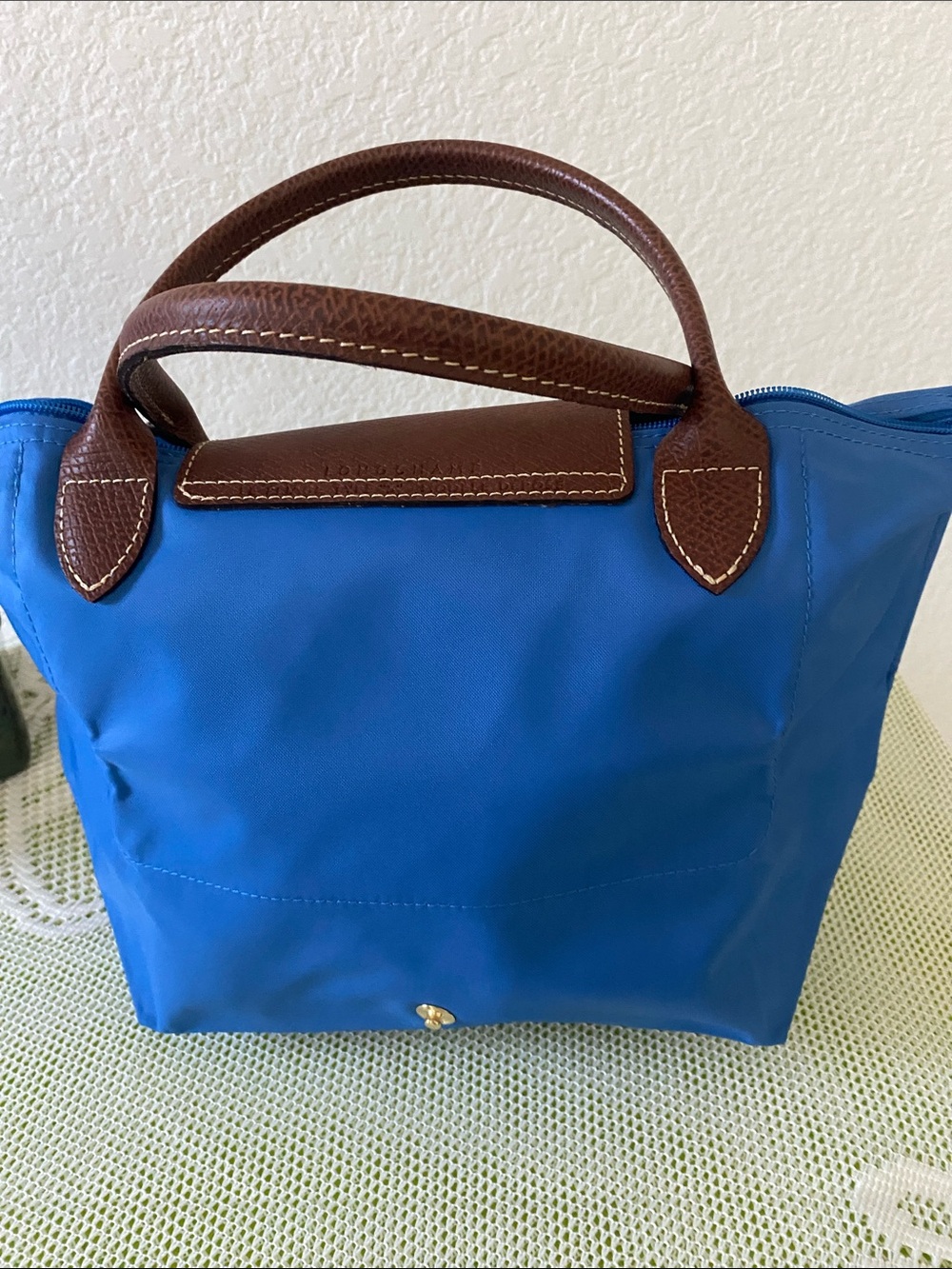 Longchamp - Small Blue Nylon Tote with Brown Leather Trim - Picture 4 of 8